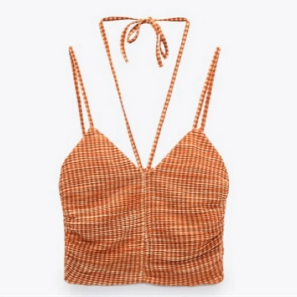 New ZARA Gingham Plaid Checked Cropped Halter Top Ruched Burnt Orange Medium - Picture 1 of 12